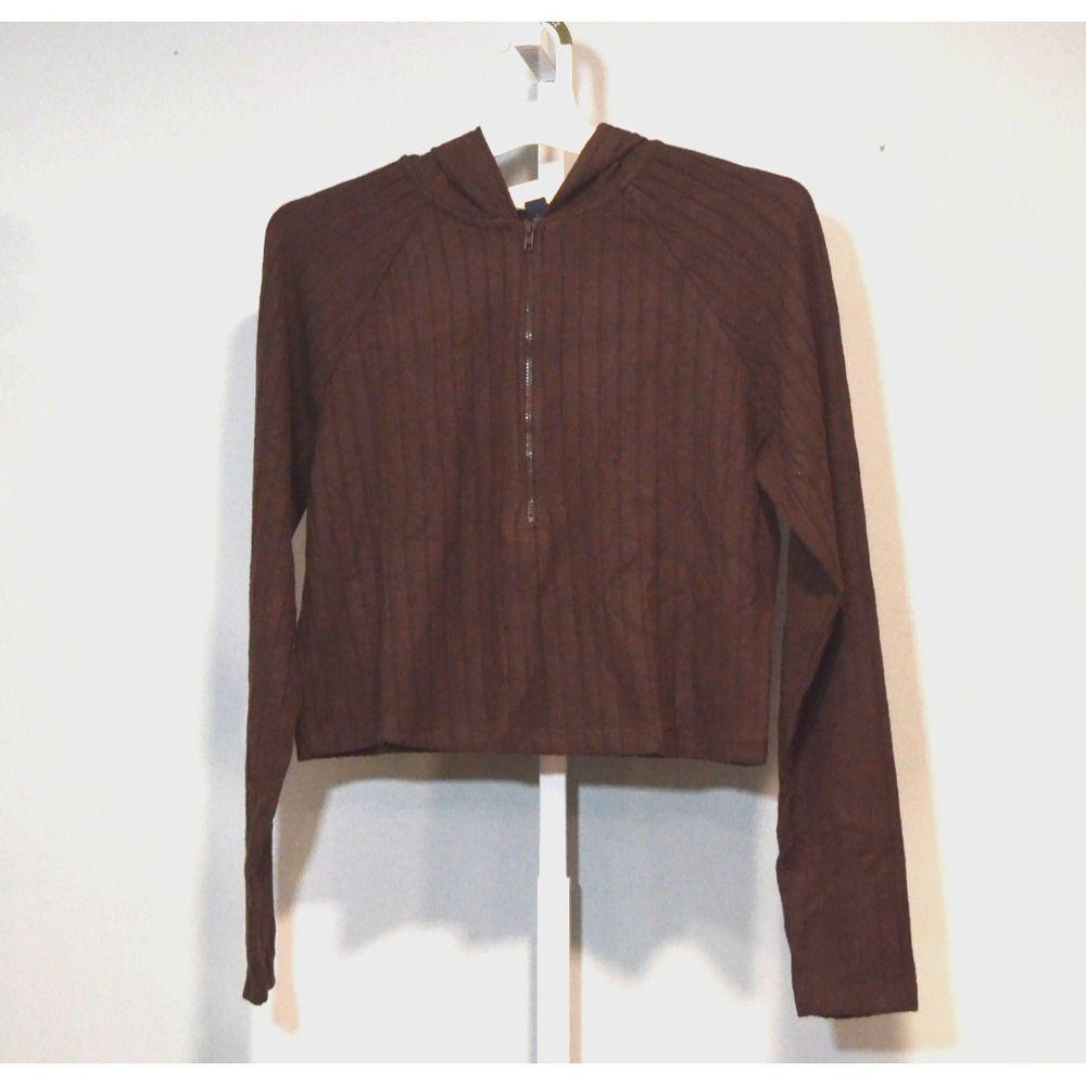 NWT Universal Thread Size XS Brown Knit Cropped Hoodie 1/2 Zip & Raglan Sleeves